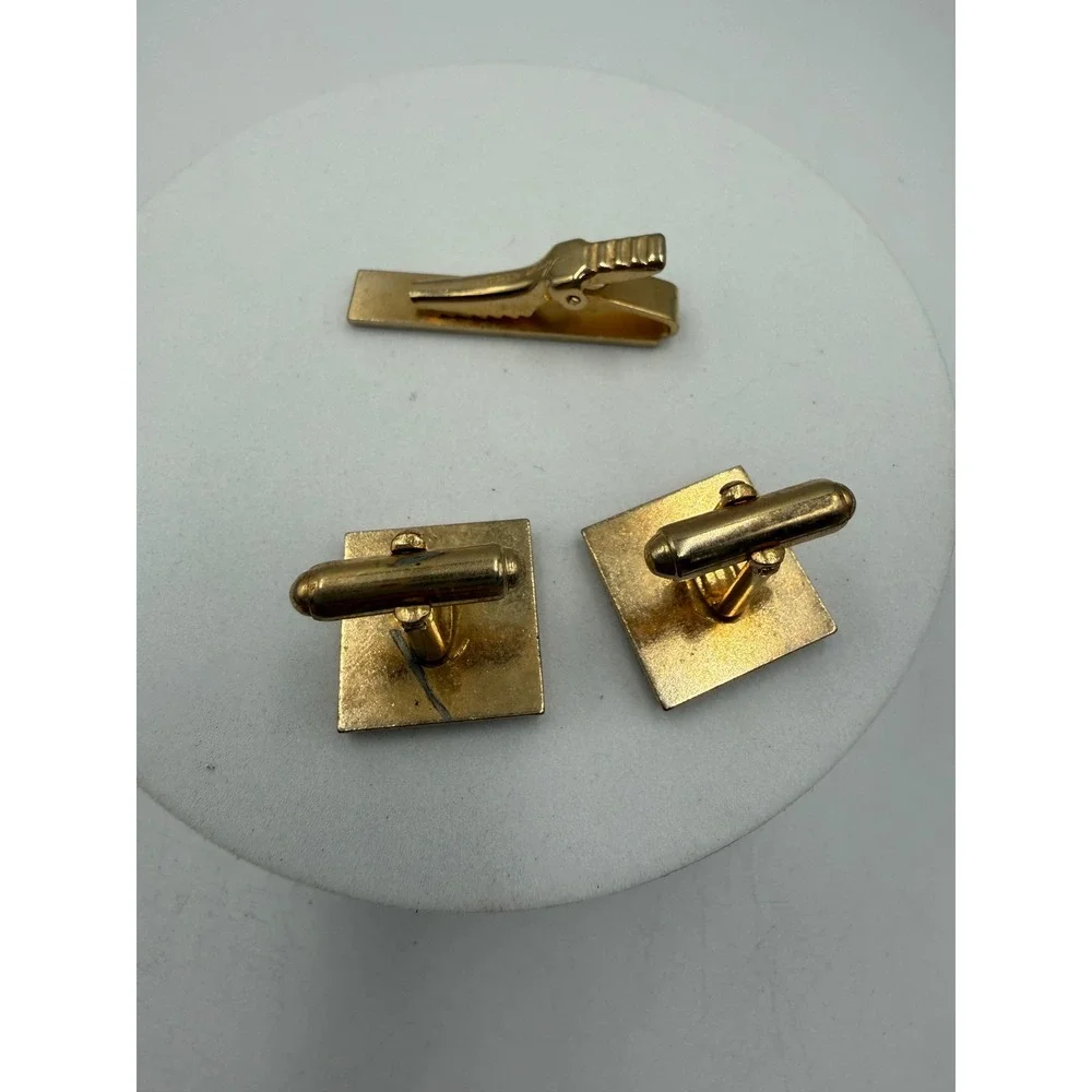 Vintage Anson Gold Tone Cufflinks Tie Clip Set Starburst Rhinestone Textured